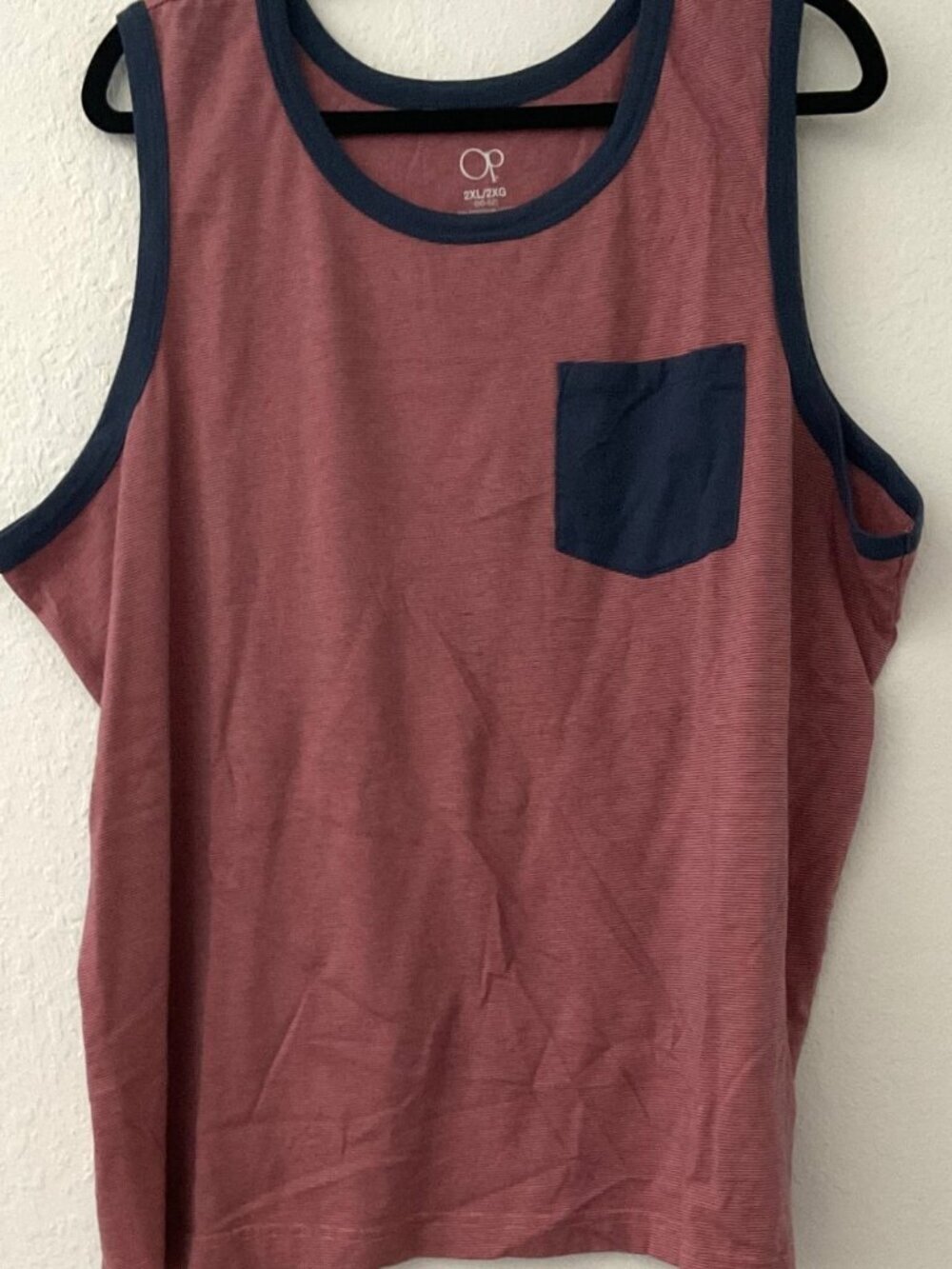 OCEAN PACIFIC OP MENS TANK TOP  2XL MAROON RED CONTRAST NAVY BLUE POCKET RINGER